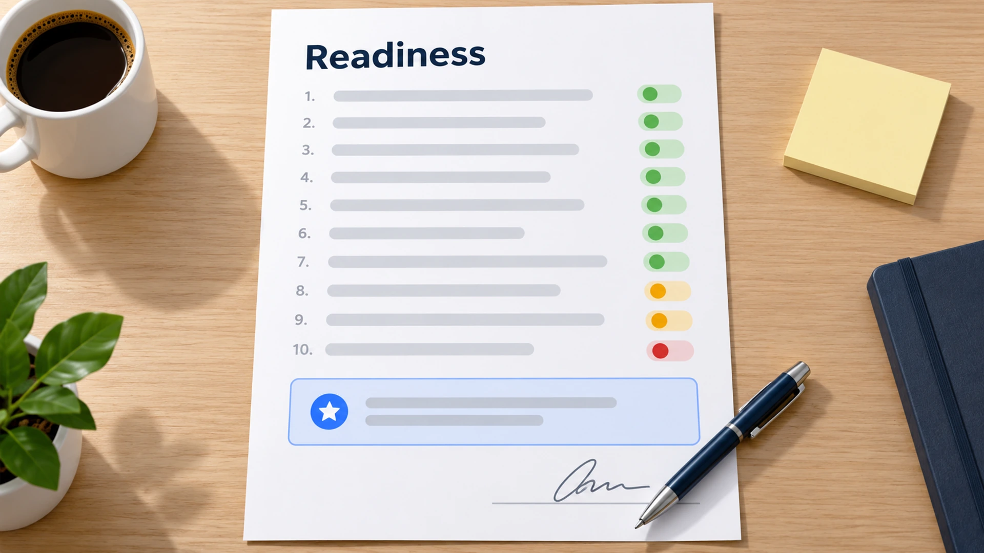 Mock-up of a one-page content-readiness sheet listing ten customer questions, each marked current, stale or missing.