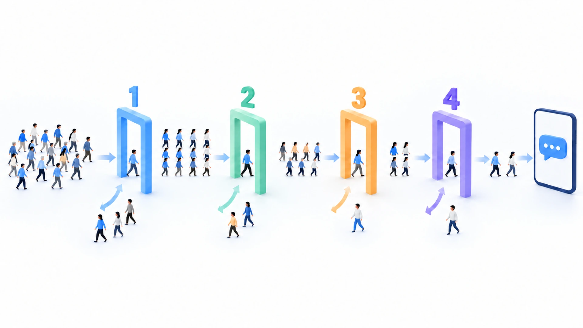 Diagram of four gates in a row, with a crowd of visitors on the left and fewer passing through each gate.