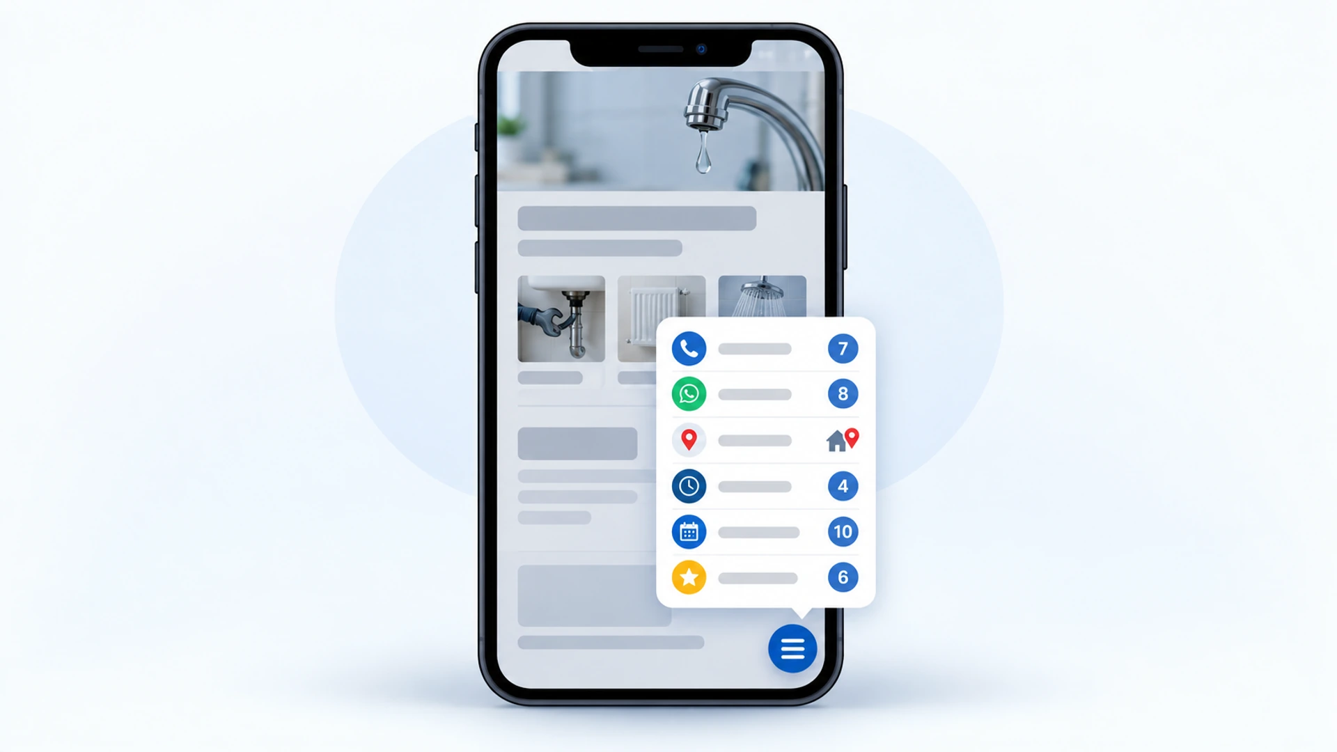 A phone showing an open contact widget with rows for Call now, WhatsApp, Find Us / Maps, Business Hours, Book Appointment and Leave a Review, tagged with the check each one fixes.