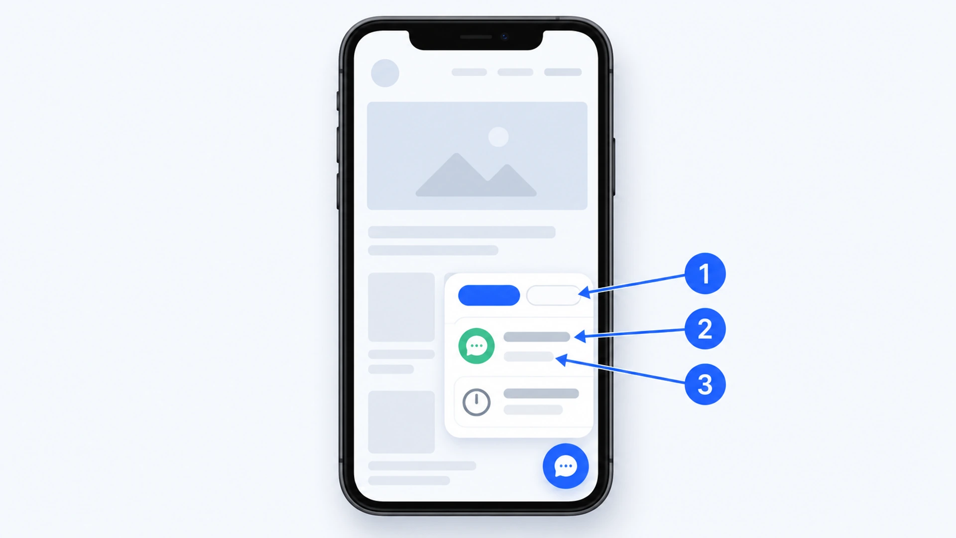 Phone mock-up of a website with a two-tab widget open: callouts 1, 2 and 3 mark the second tab, a green chat row and the line beneath it, above a clock row.