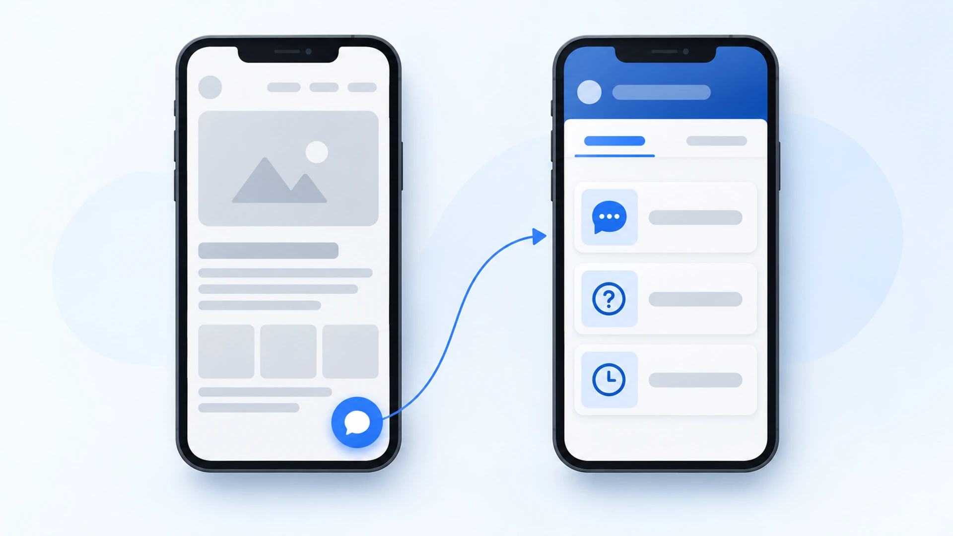 Two phones side by side: one shows a web page with a round launcher in the bottom corner, the other shows the opened widget panel filling the screen with three contact options under two tabs.