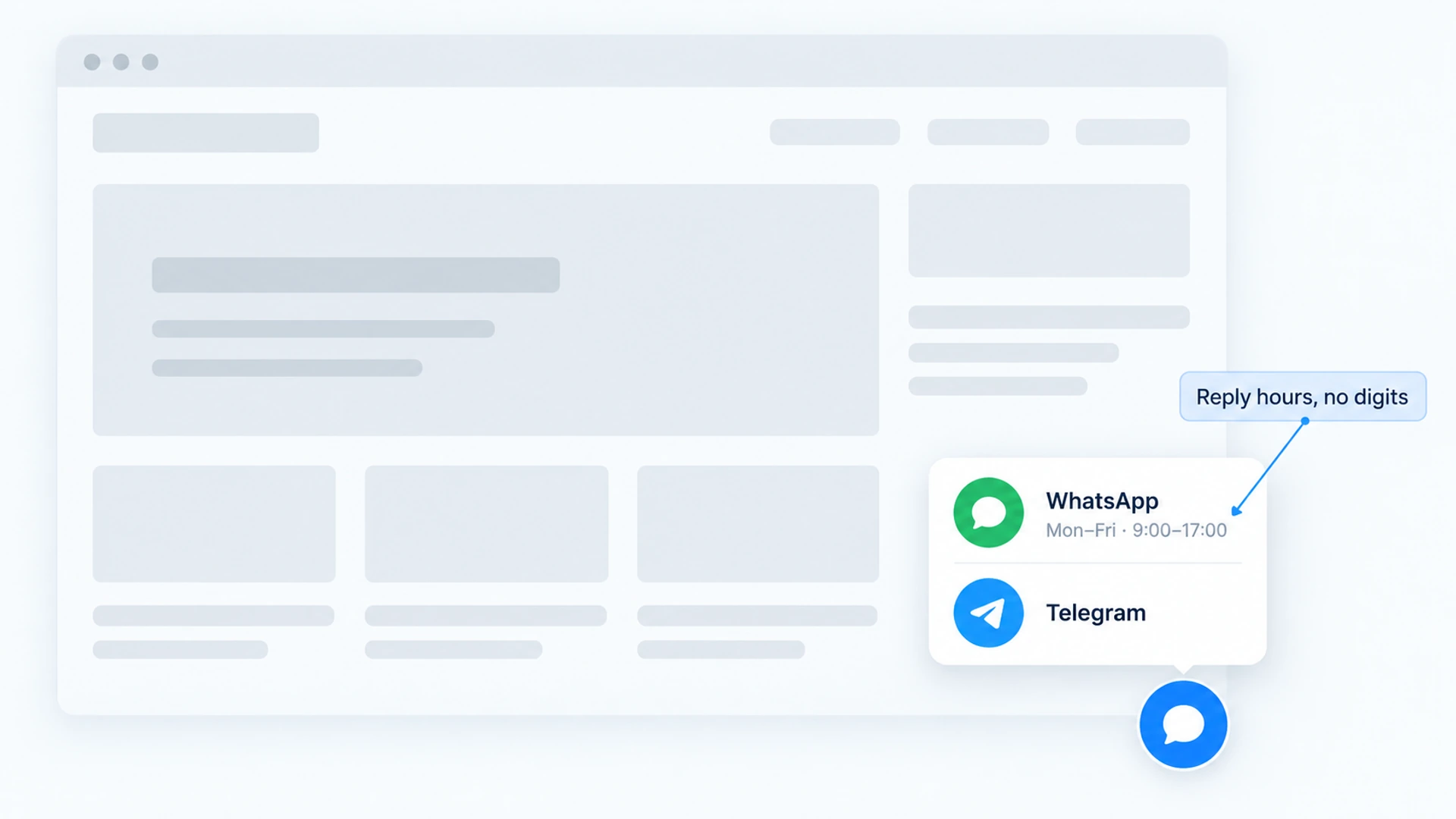 A website widget panel open in the bottom corner of a page, listing a WhatsApp row with a line of reply hours under it and a Telegram row below, with no phone number shown anywhere.